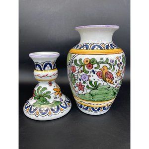 VTG Folk Art Floral Bird Country Decor Small Vase & Candlestick Holder